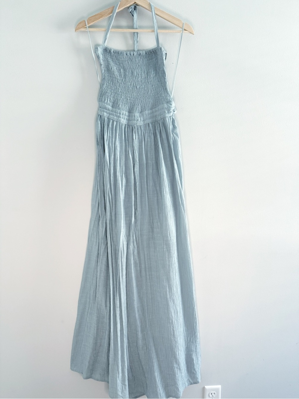 Wishlist Apparel Halter Maxi Dress Blue Smocked Bodice Open Back With Straps